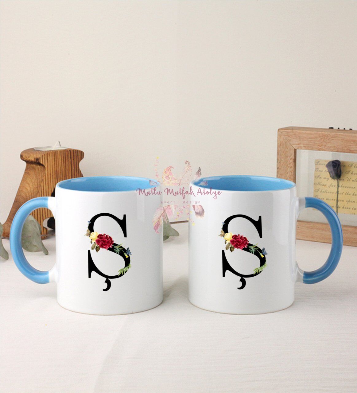 Ş Harfi Çiçek Desenli İkili Mavi Kupa Bardak