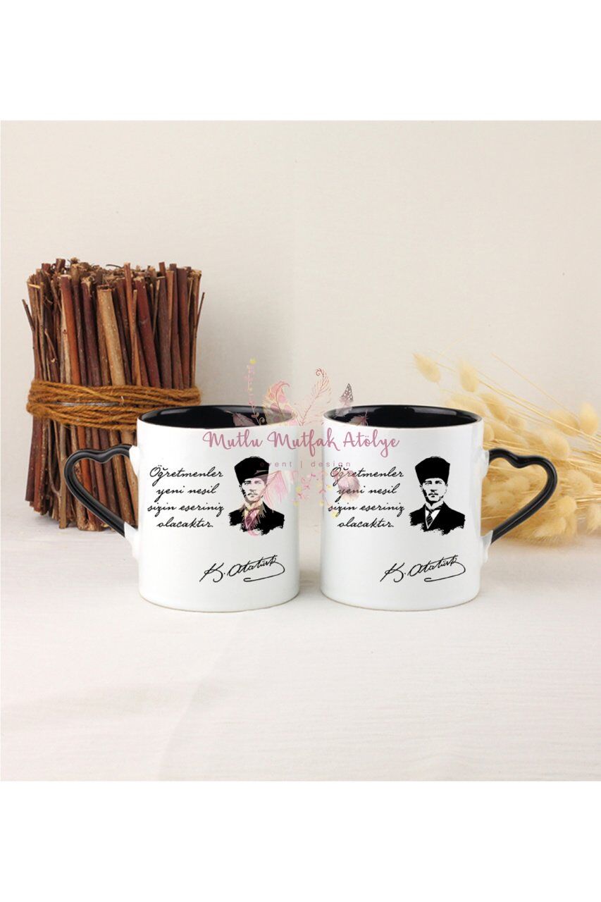 Öğretmenler Günü Hediyesi Atatürk  İkili Siyah Kalpli Kupa Bardak