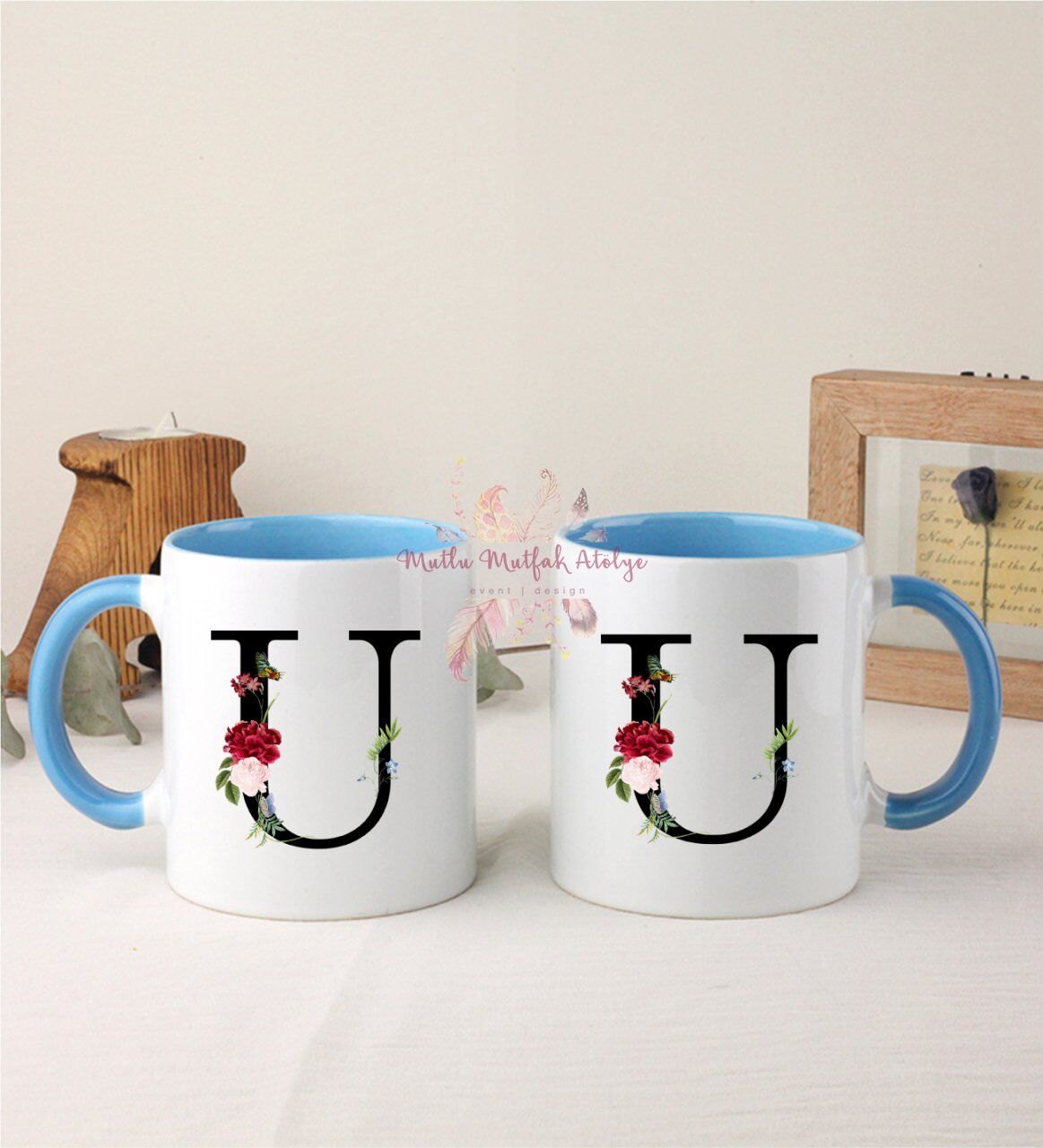 U Harfi Çiçek Desenli İkili Mavi Kupa Bardak
