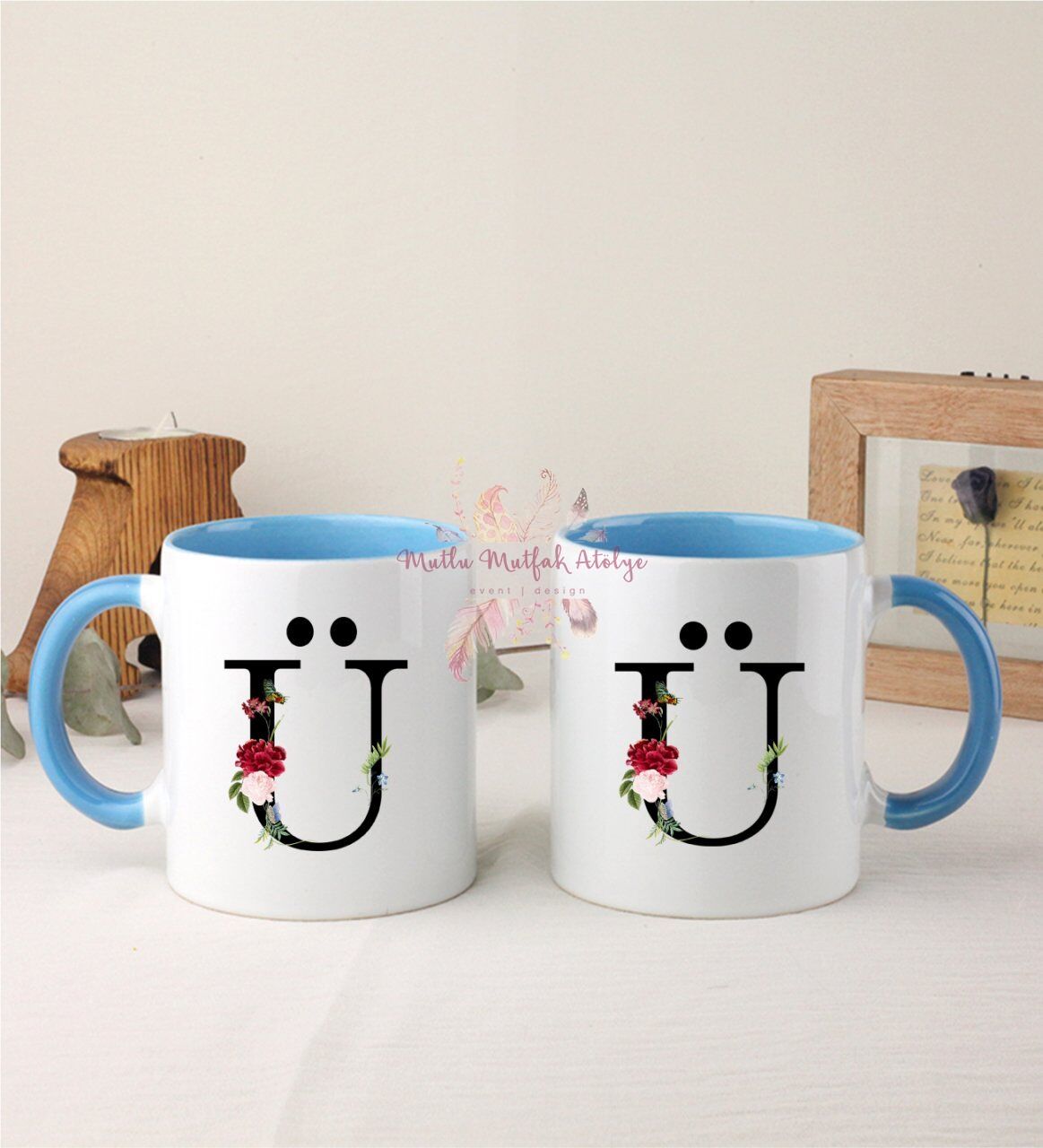 Ü Harfi Çiçek Desenli İkili Mavi Kupa Bardak