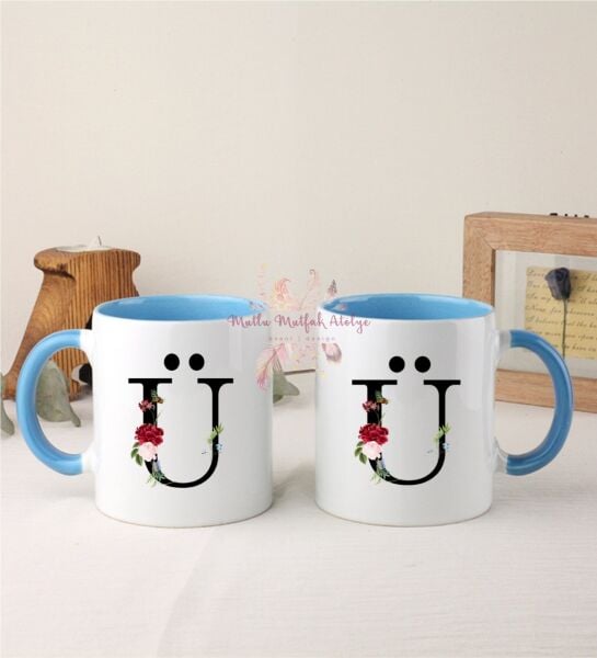 Ü Harfi Çiçek Desenli İkili Mavi Kupa Bardak