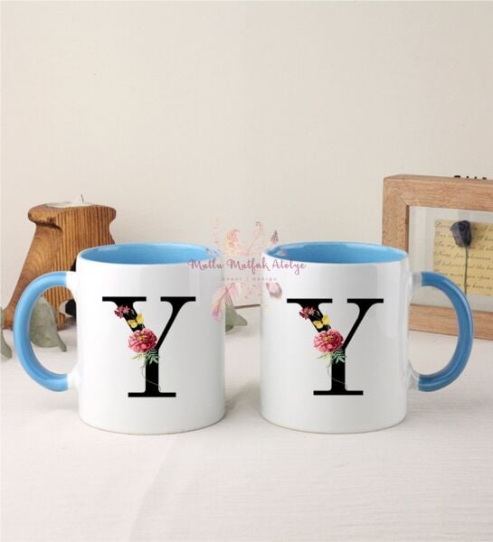 Y Harfi Çiçek Desenli İkili Mavi Kupa Bardak