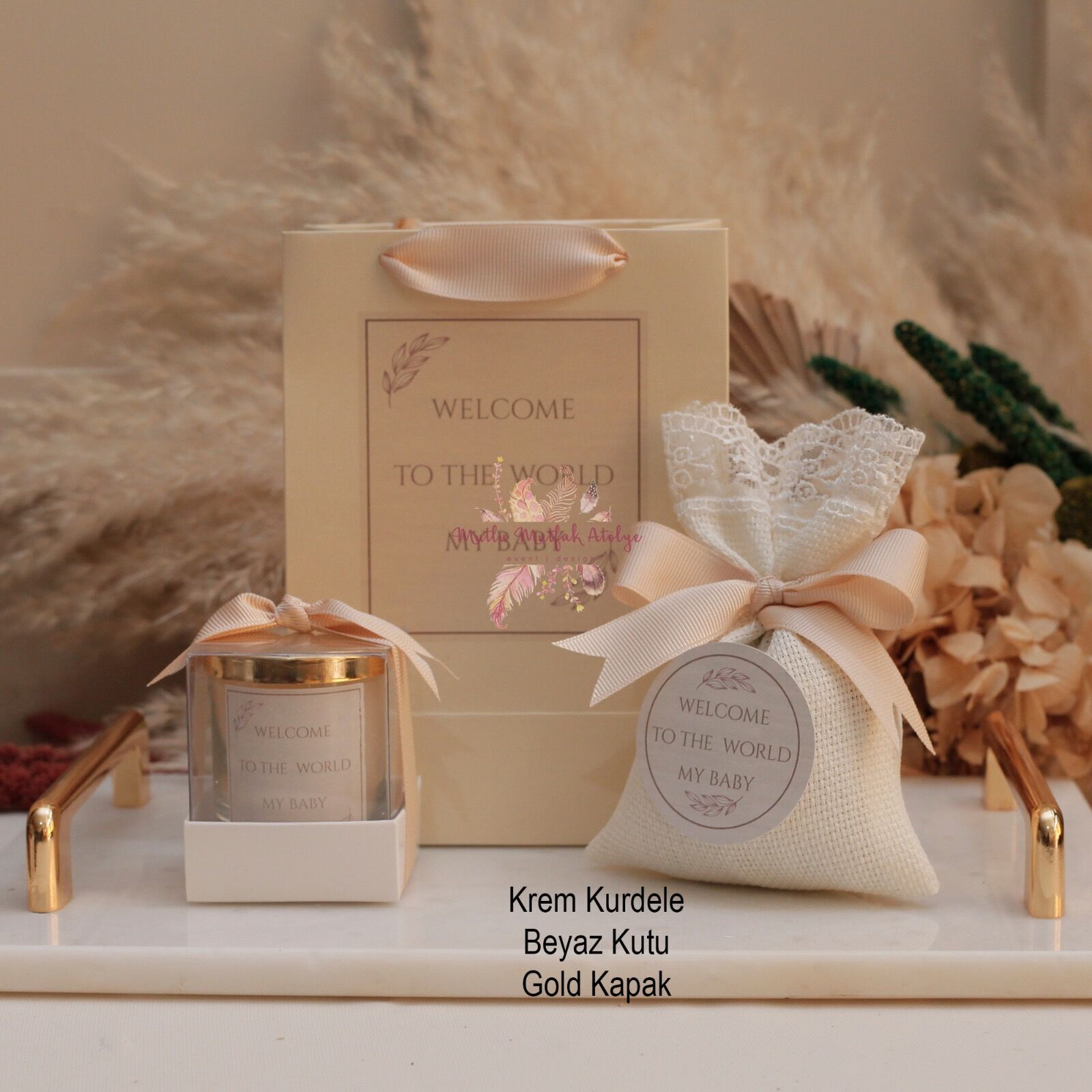 Hediyelik Kapaklı Kokulu Mum, Lavanta Kesesi ve Baskılı Karton Çanta Seti