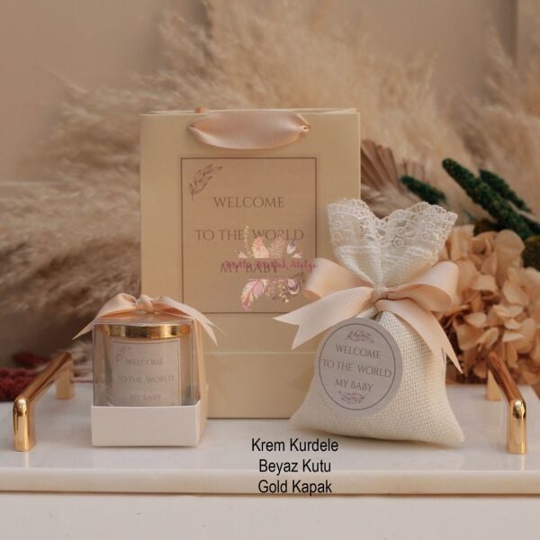 Hediyelik Kapaklı Kokulu Mum, Lavanta Kesesi ve Baskılı Karton Çanta Seti