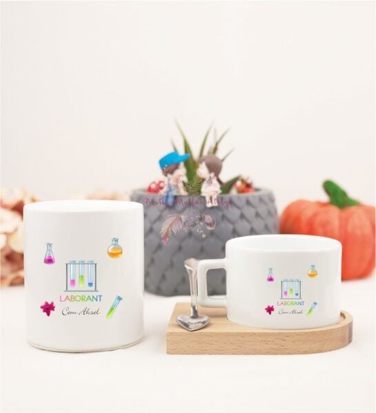 Kişiye Özel Laborant Ahşap Altlıklı Fincan ve Kumbara