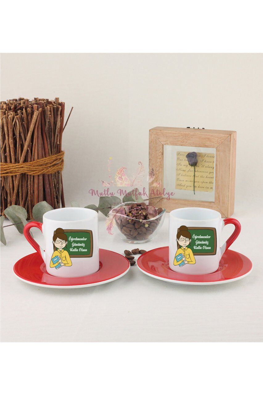 Öğretmenler Günü Hediyesi Bayan Öğretmen İkili Kırmızılı Türk Kahvesi Fincanı