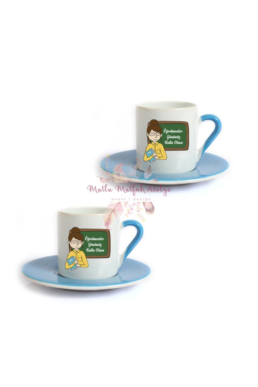Öğretmenler Günü Hediyesi Bayan Öğretmen İkili Mavi Türk Kahvesi Fincanı