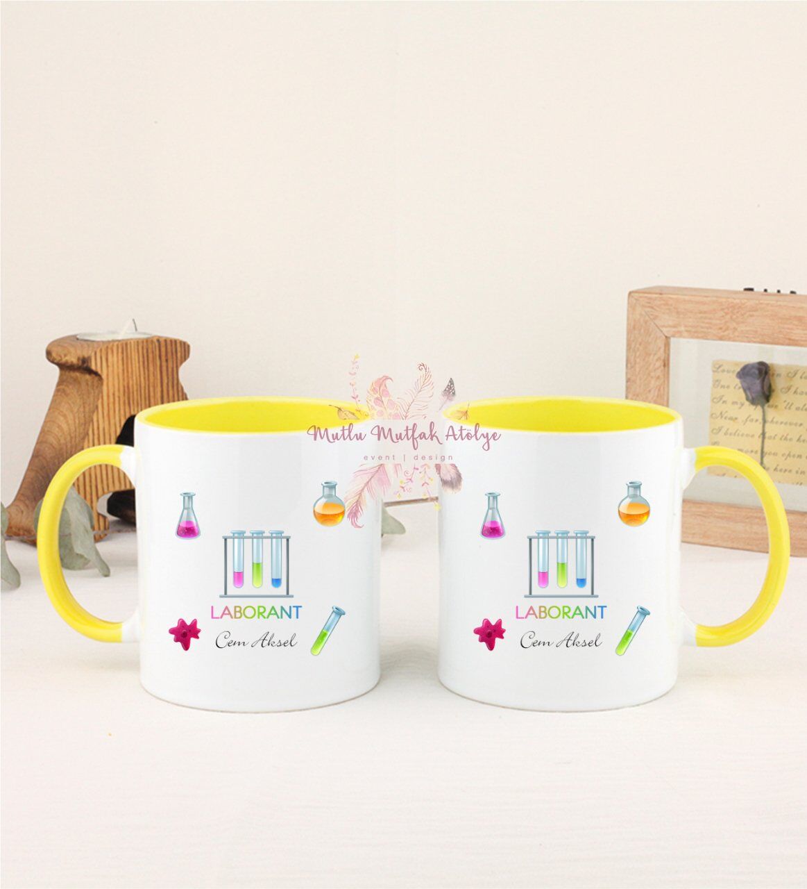 Kişiye Özel Laborant İkili Sarı Kupa Bardak