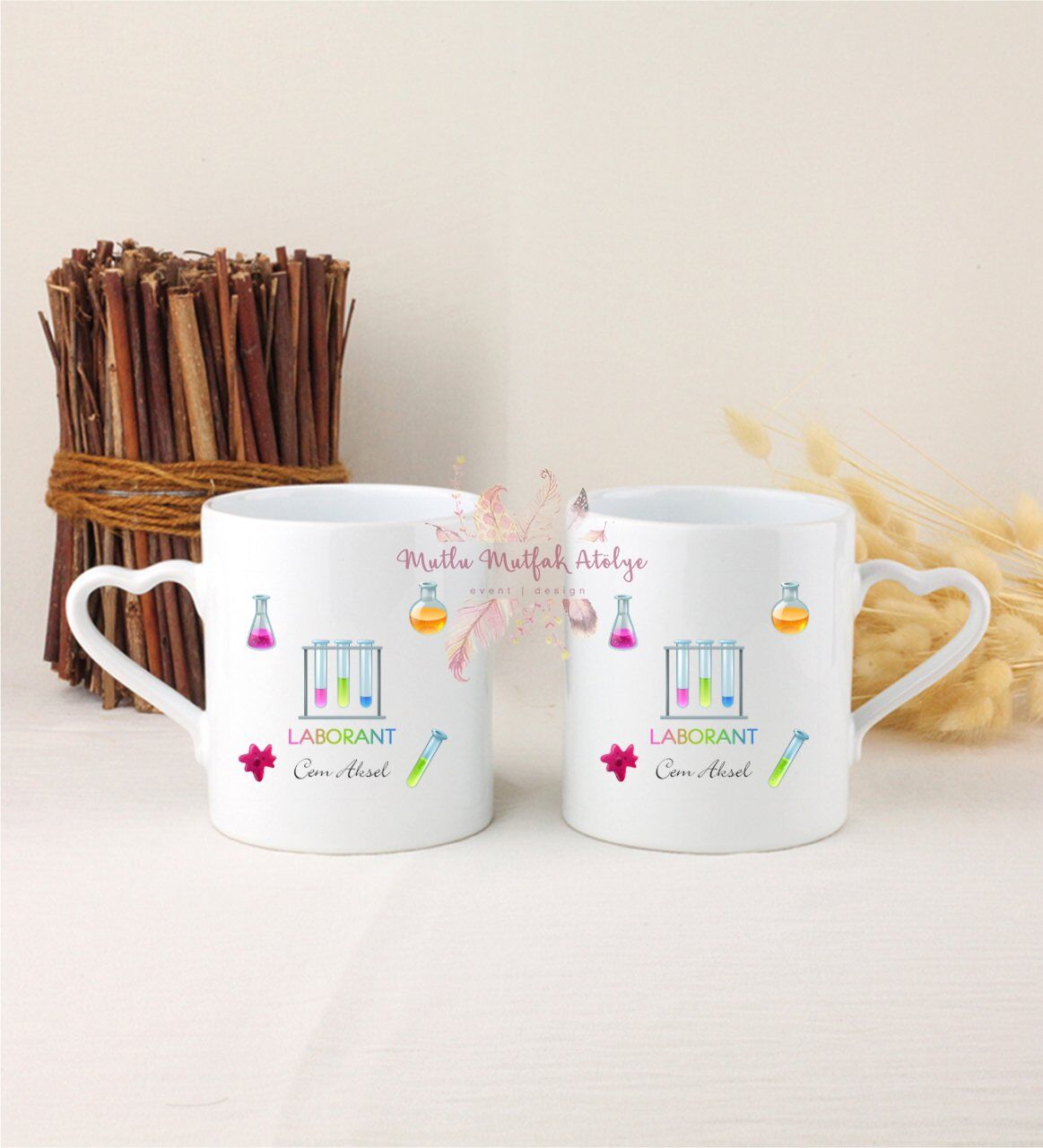 Kişiye Özel Laborant İkili Beyaz Kalpli Kupa Bardak