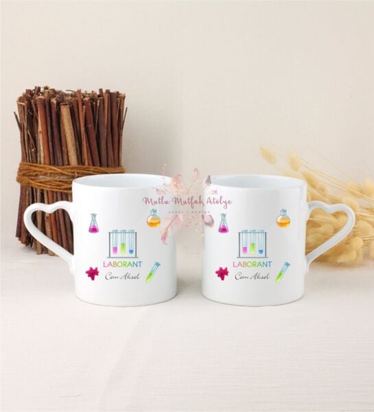 Kişiye Özel Laborant İkili Beyaz Kalpli Kupa Bardak