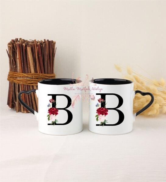 B Harfi Çiçek Desenliİkili Siyah Kalpli Kupa Bardak