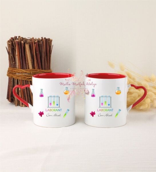 Kişiye Özel Laborant İkili Kırmızı Kalpli Kupa Bardak