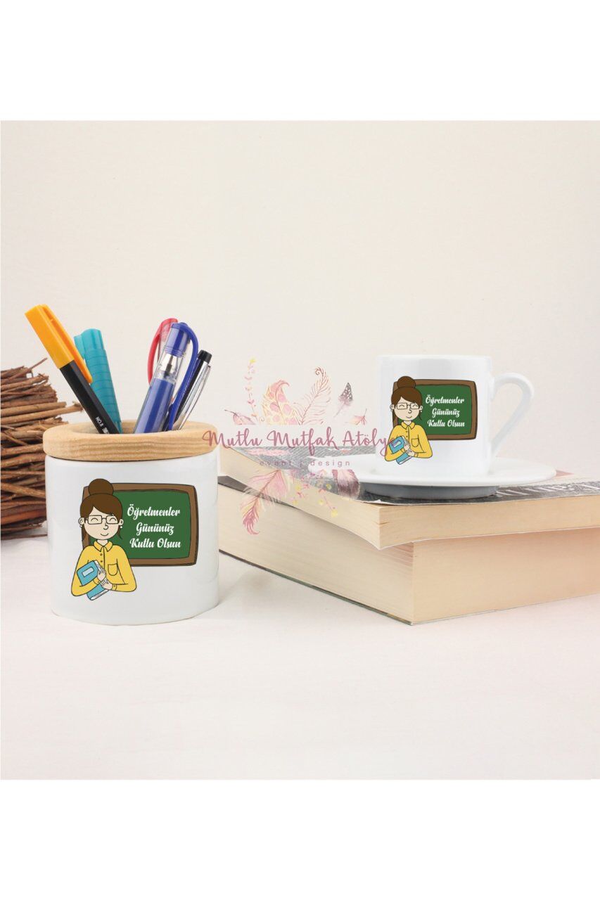 Öğretmenler Günü Hediyesi Bayan Öğretmen Kalemlik ve Türk Kahvesi Fincanı