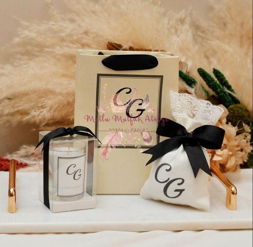 Hediyelik Kutulu Yükseltili Mum Lavanta Kesesi Ve Baskılı Karton Çanta Seti