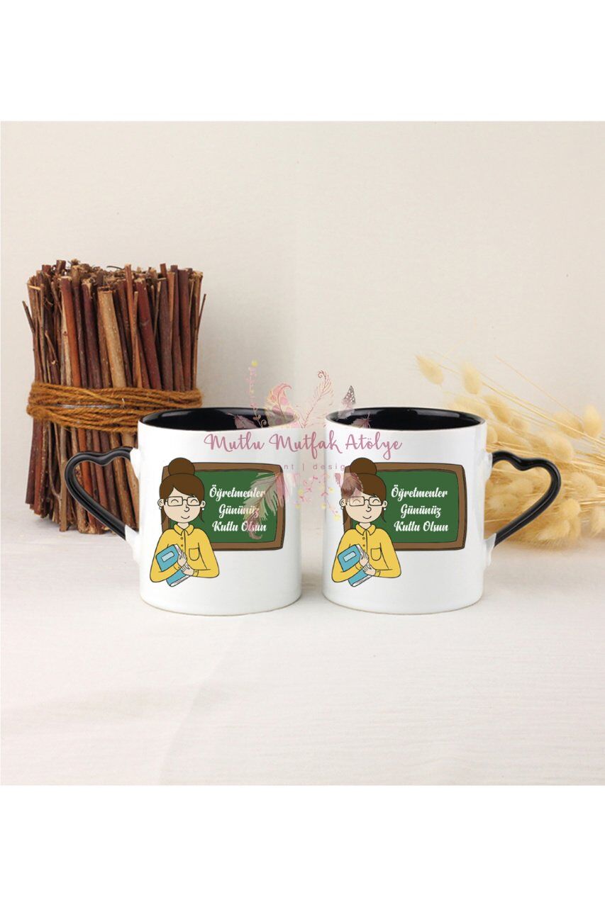 Öğretmenler Günü Hediyesi Bayan Öğretmen İkili Siyah Kalpli Kupa Bardak