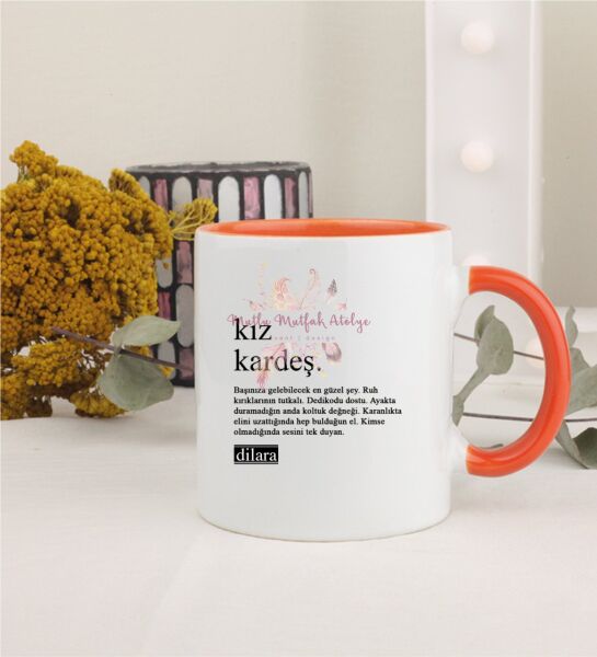 Kişiye Özel Kız Kardeş Fotoğraflı Turuncu Kupa Bardak