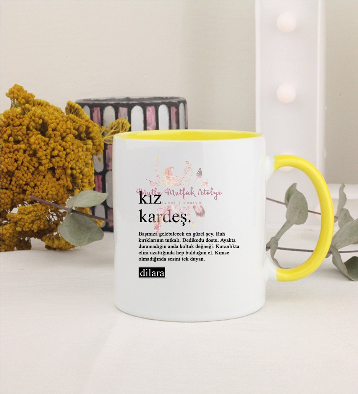 Kişiye Özel Kız Kardeş Fotoğraflı Sarı Kupa Bardak