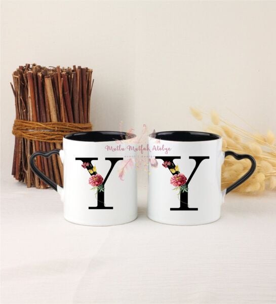 Y Harfi Çiçek Desenli İkili Siyah Kalpli Kupa Bardak
