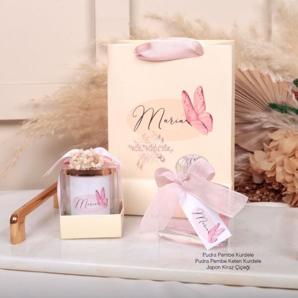 Hediyelik Kokulu Çiçek Süslemeli Mum, Eyüp Sabri Tuncer Kolonya ve Baskılı Çanta Hediyelik Seti