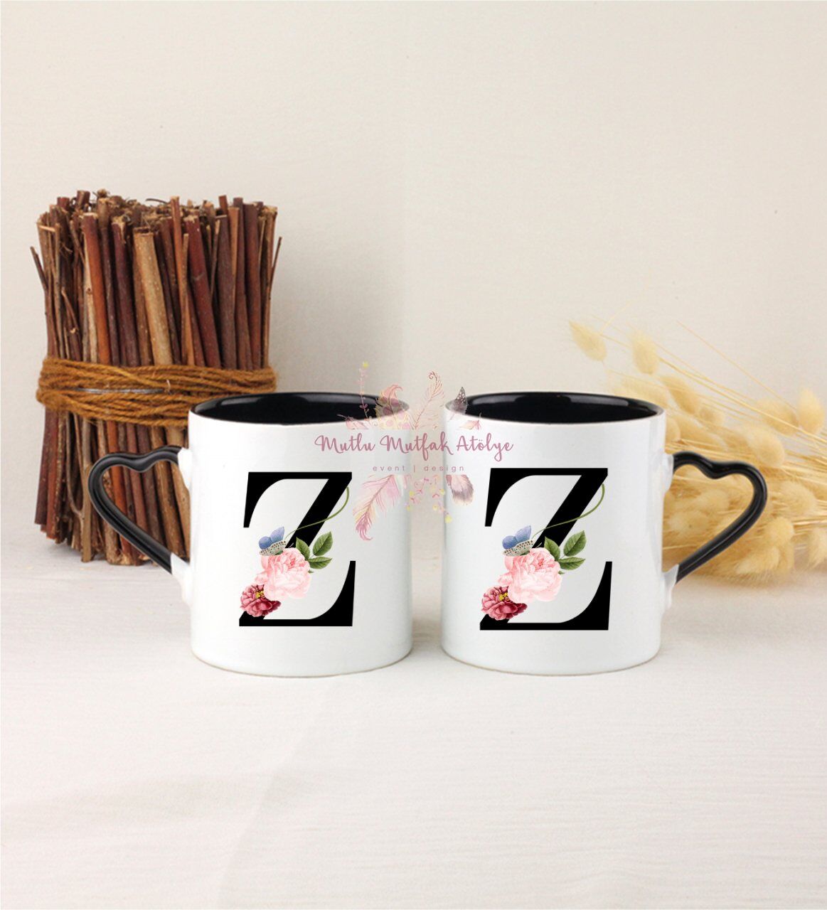 Z Harfi Çiçek Desenli İkili Siyah Kalpli Kupa Bardak