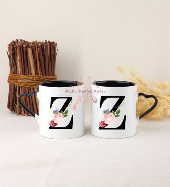 Z Harfi Çiçek Desenli İkili Siyah Kalpli Kupa Bardak
