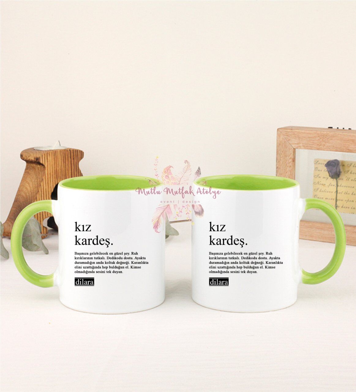 Kişiye Özel Kız Kardeş Fotoğraflı İkili Yeşil Kupa Bardak