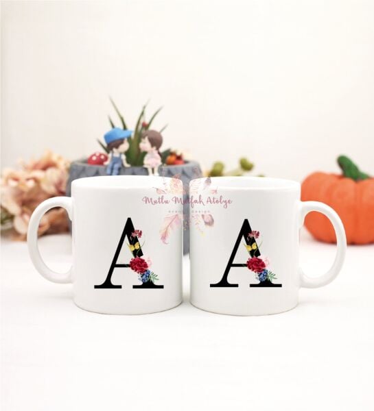 A Harfi Çiçek Desenliİkili Kupa Bardak