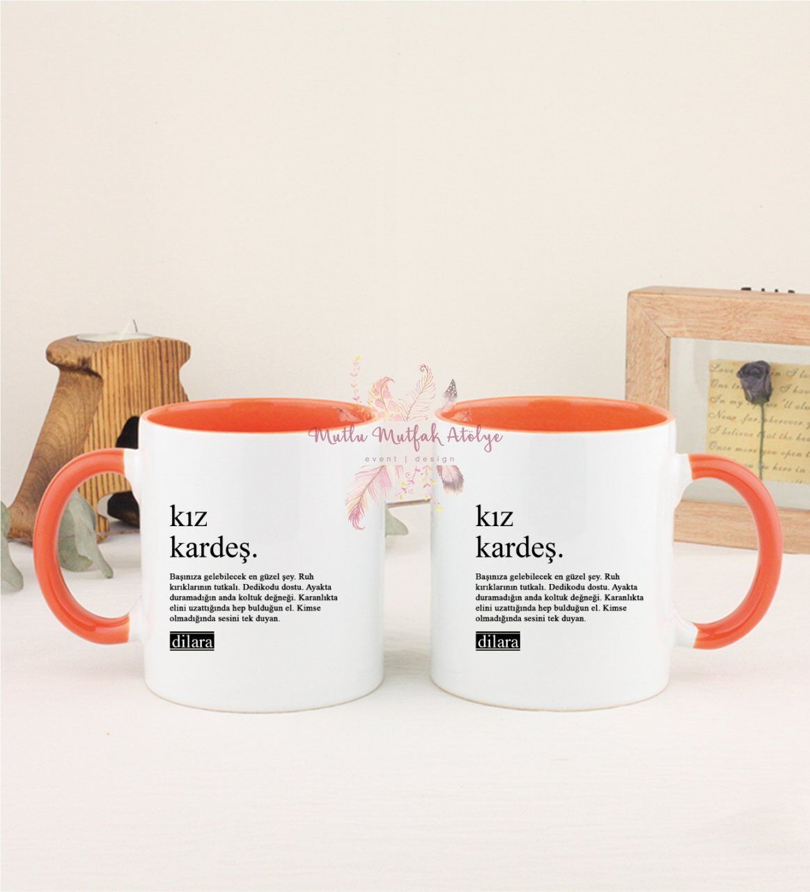 Kişiye Özel Kız Kardeş Fotoğraflı İkili Turuncu Kupa Bardak