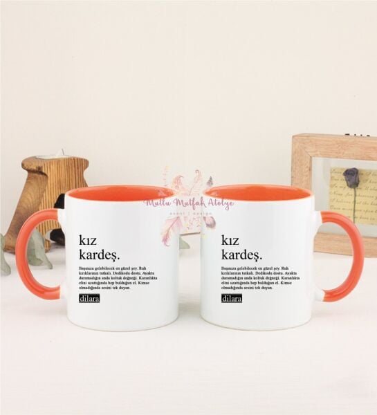 Kişiye Özel Kız Kardeş Fotoğraflı İkili Turuncu Kupa Bardak