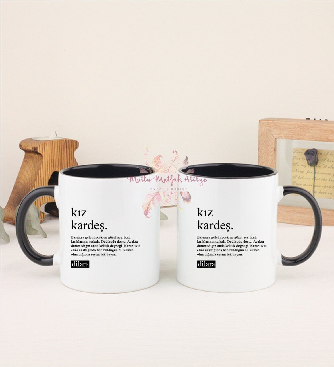 Kişiye Özel Kız Kardeş Fotoğraflı İkili Siyah Kupa Bardak