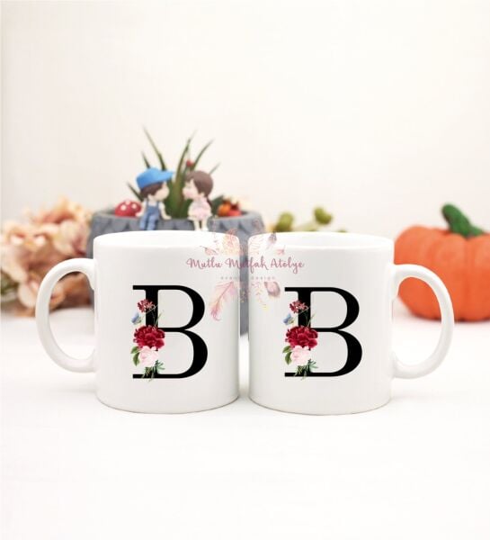 B Harfi Çiçek Desenliİkili Kupa Bardak