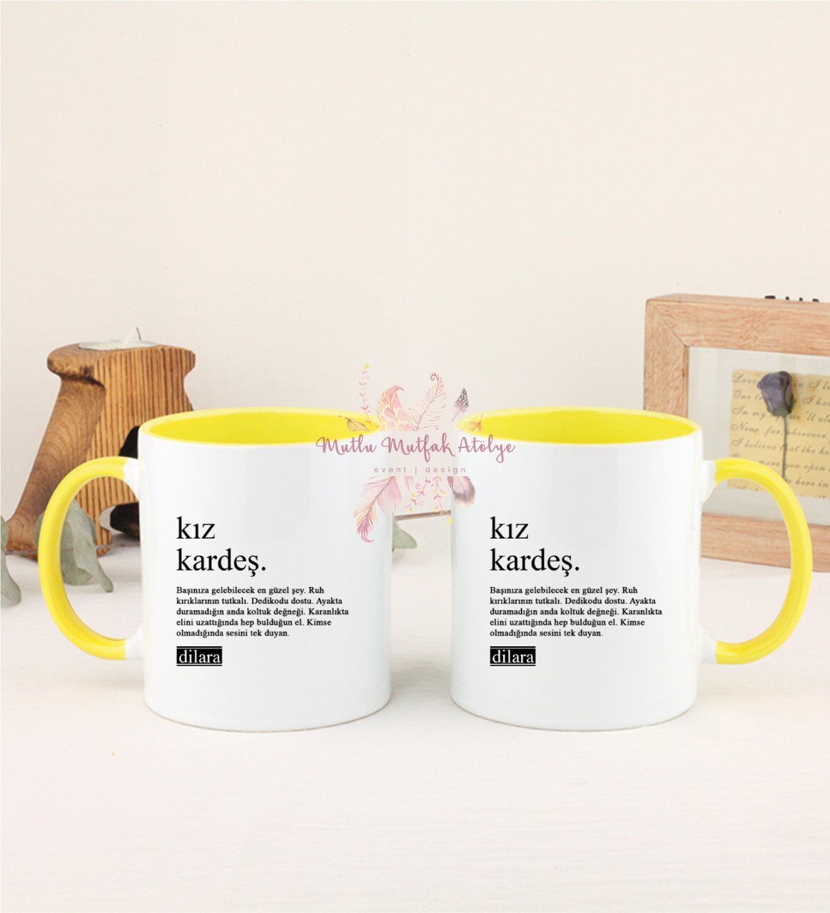 Kişiye Özel Kız Kardeş Fotoğraflı İkili Sarı Kupa Bardak