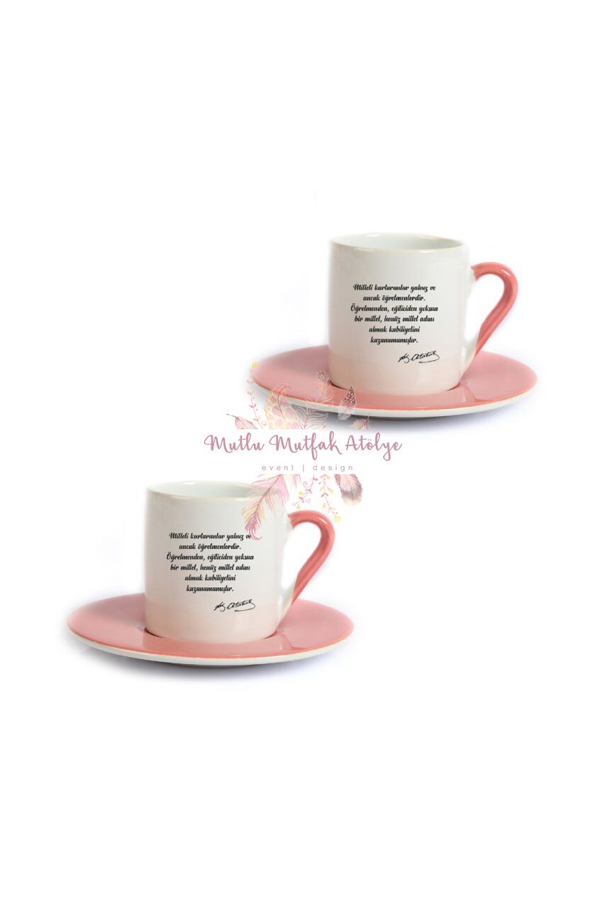 Öğretmenler Günü Hediyesi Atatürk  İkili Pembe Türk Kahvesi Fincanı
