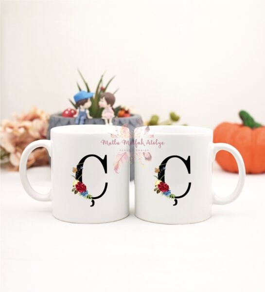 Ç Harfi Çiçek Desenli İkili Kupa Bardak