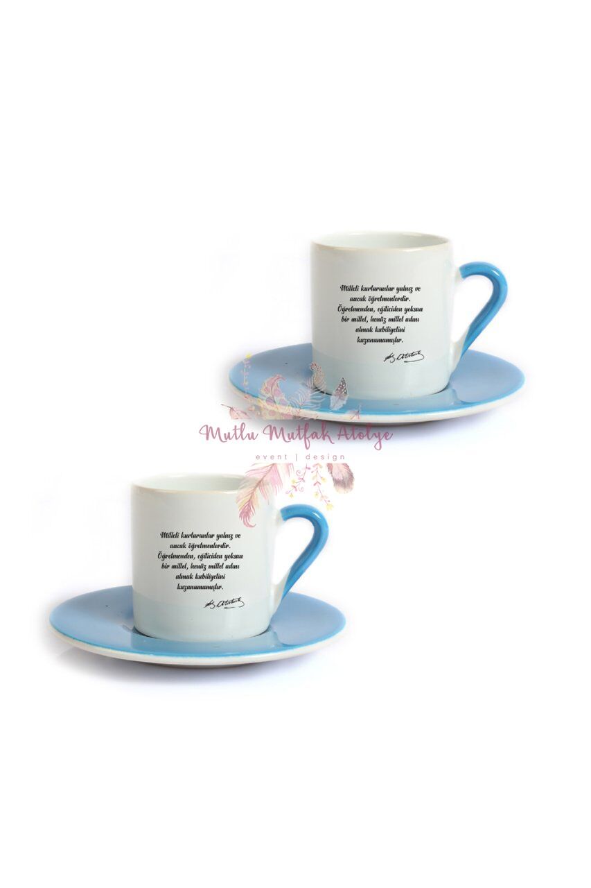 Öğretmenler Günü Hediyesi Atatürk  İkili Mavi Türk Kahvesi Fincanı
