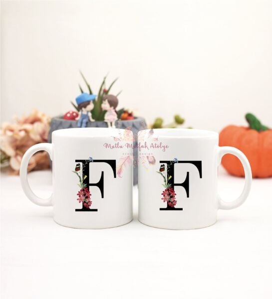 F Harfi Çiçek Desenli İkili Kupa Bardak