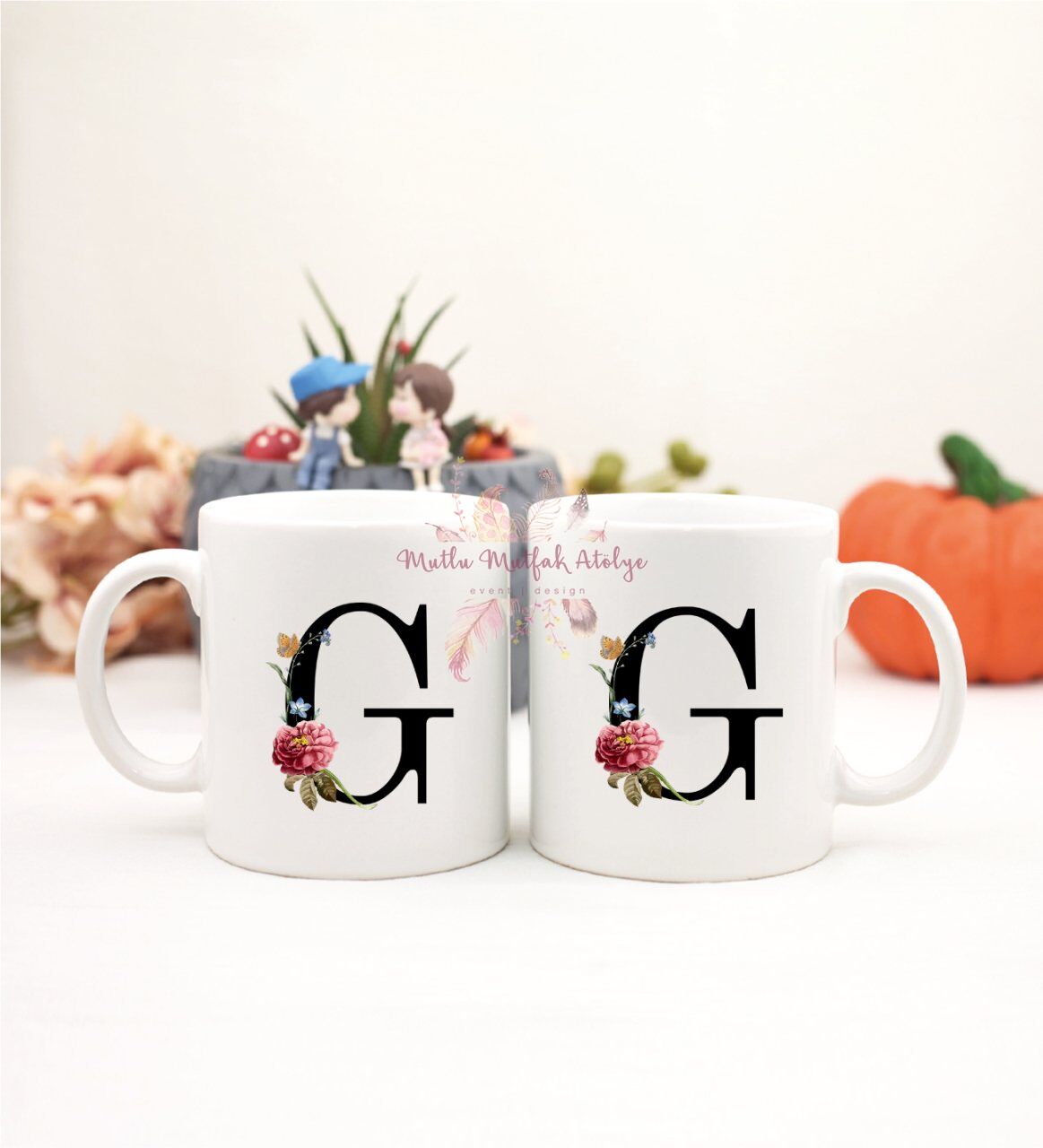 F Harfi Çiçek Desenli İkili Kupa Bardak