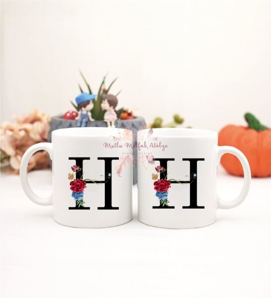 H Harfi Çiçek Desenli İkili Kupa Bardak
