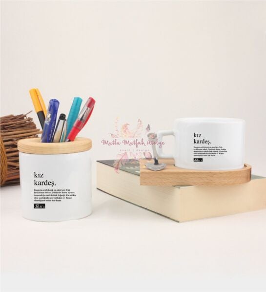 Kişiye Özel Kız Kardeş Fotoğraflı Kalemlik ve Ahşap Altlıklı Fincan