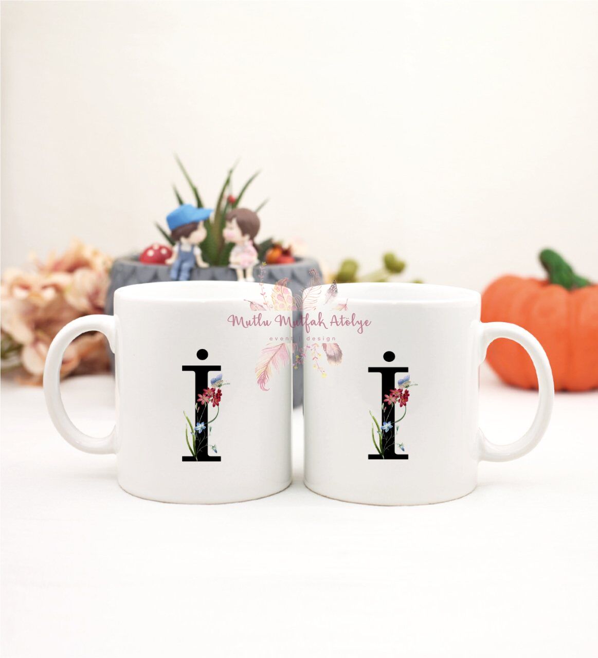 İ Harfi Çiçek Desenli İkili Kupa Bardak