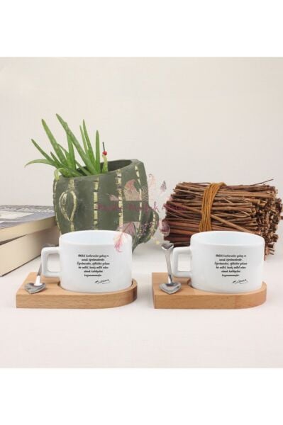 Öğretmenler Günü Hediyesi Atatürk  İkili Ahşap Altlıklı Fincan