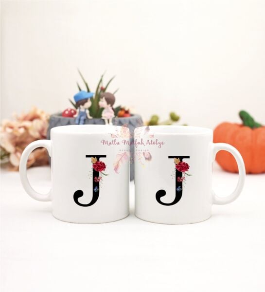 J Harfi Çiçek Desenli İkili Kupa Bardak