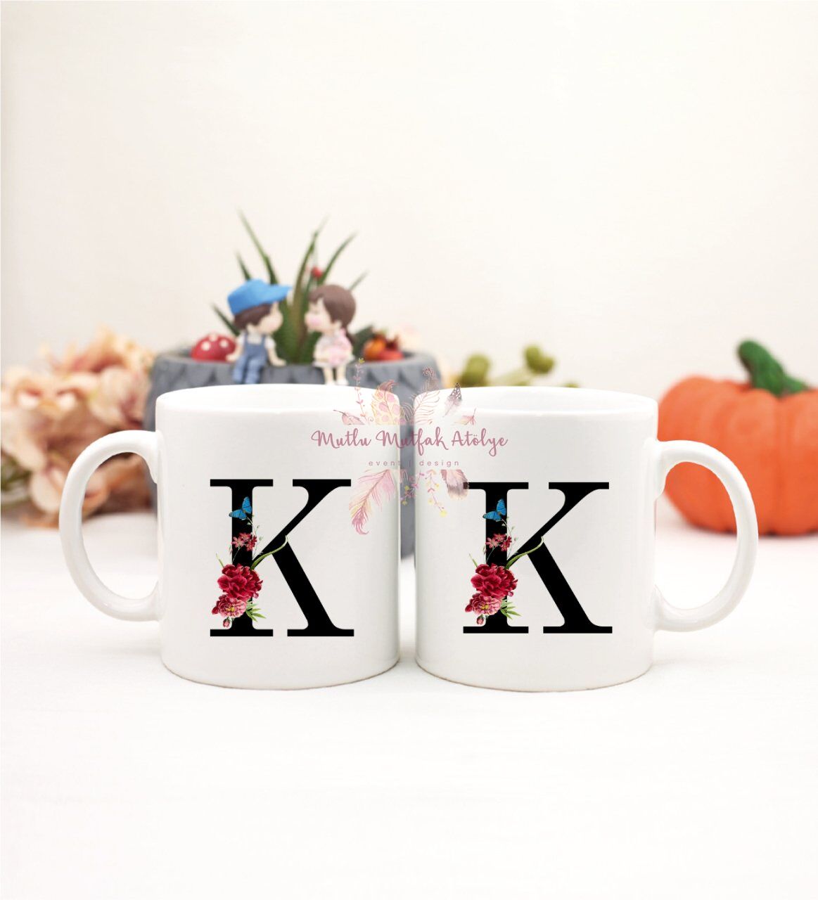 K Harfi Çiçek Desenli İkili Kupa Bardak