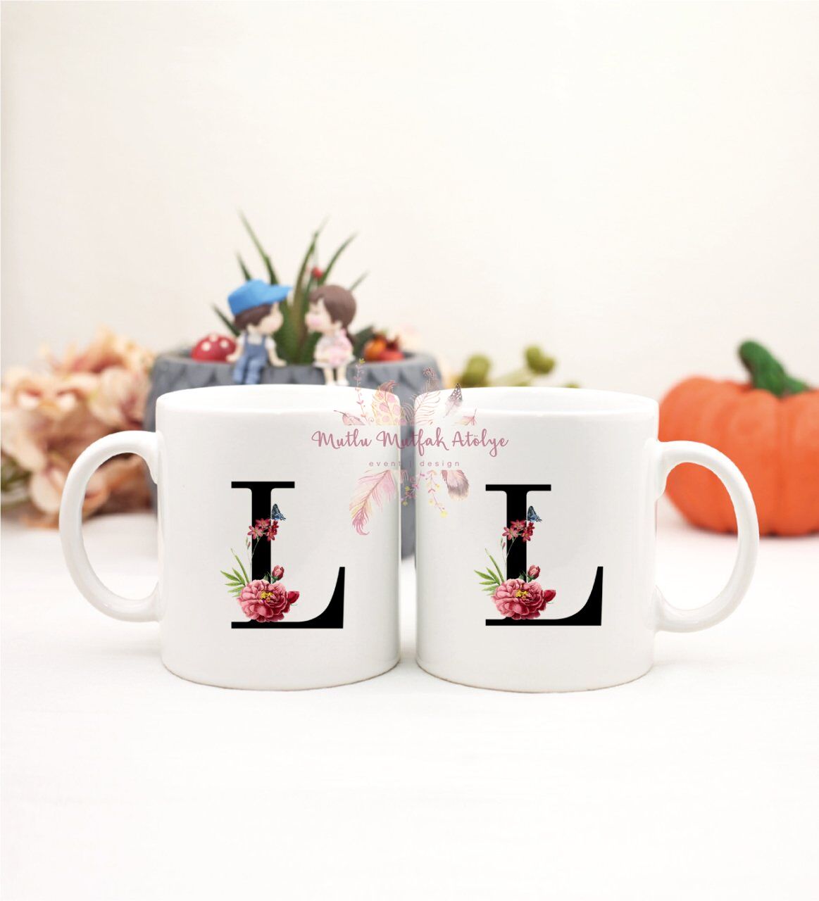 L Harfi Çiçek Desenli İkili Kupa Bardak