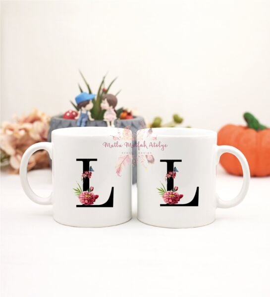 L Harfi Çiçek Desenli İkili Kupa Bardak