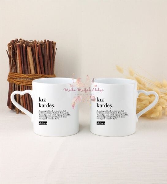 Kişiye Özel Kız Kardeş Fotoğraflı İkili Beyaz Kalpli Kupa Bardak