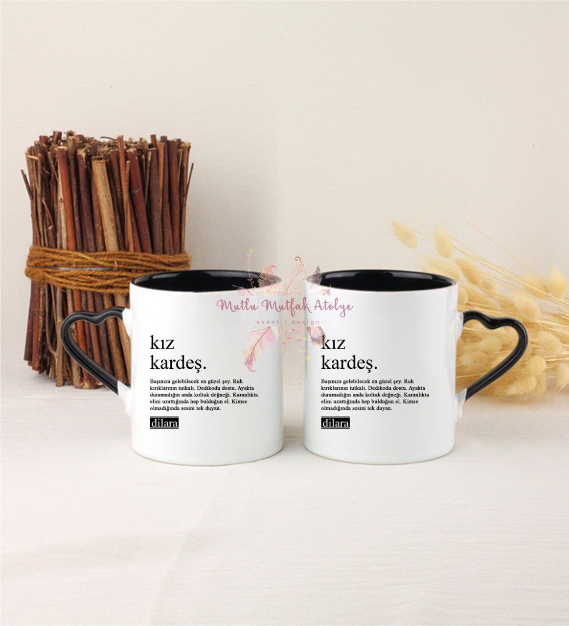 Kişiye Özel Kız Kardeş Fotoğraflı İkili Siyah Kalpli Kupa Bardak
