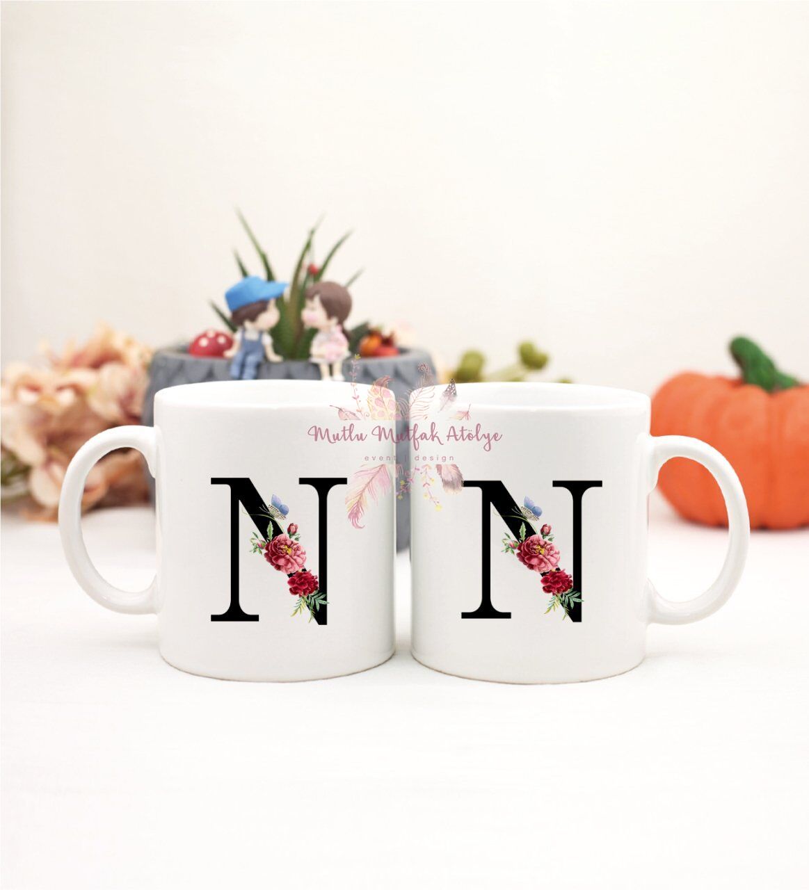N Harfi Çiçek Desenli İkili Kupa Bardak