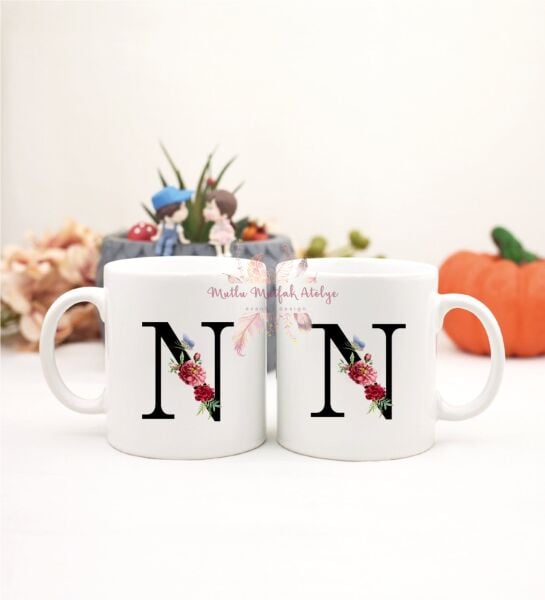 N Harfi Çiçek Desenli İkili Kupa Bardak