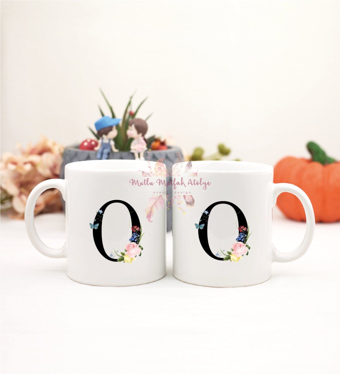 O Harfi Çiçek Desenli İkili Kupa Bardak